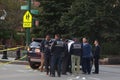 NYPD officer at the crime scene near a terror attack site in lower Manhattan in New York.