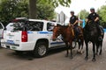 NYPD police officers on horseback ready to protect public at Billie Jean King National Tennis Center during US Open 2014