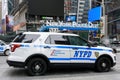 NYPD police vehicle parked at New York Police Department station on Times Square. - New York, USA - 2021