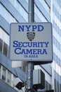 NYPD security camera sign placed near World Trade Center site in Lower Manhattan