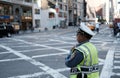 NYPD traffic control officer seen on the busy streets of New York in a typical busy time of day. Royalty Free Stock Photo