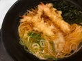 Nyumen or hot somen noodles with shrimp tempura, seaweed and sliced Japanese bunching onion Royalty Free Stock Photo