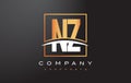 NZ N Z Golden Letter Logo Design With Gold Square And Swoosh.