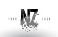 NZ N Z Pixel Letter Logo with Digital Shattered Black Squares