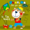 Bear playing kite on the beach funny cartoon,vector illustration Royalty Free Stock Photo