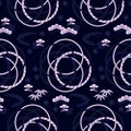 Seamless vector japanese dark blue pattern with circles and plants. seamless vector in swatch panel Royalty Free Stock Photo