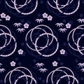 Seamless vector japanese dark blue pattern with circles and plants. seamless vector in swatch panel Royalty Free Stock Photo