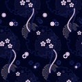 Seamless vector japanese dark blue pattern with circles and plants. seamless vector in swatch panel Royalty Free Stock Photo