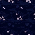 Seamless vector japanese dark blue pattern with circles and plants. seamless vector in swatch panel Royalty Free Stock Photo