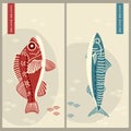 Two vector cards with hand drawn fish mackerel and perch. design for business, print, card, food industry Royalty Free Stock Photo