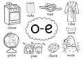 O-e digraph spelling rule black and white educational poster set for kids Royalty Free Stock Photo