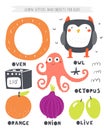 O letter objects and animals including octopus, oven, owl, onion, olive