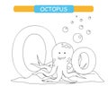 Letter O and funny cartoon octopus. Coloring page. Animals alphabet a-z. Cute zoo alphabet in vector for kids learning English voc Royalty Free Stock Photo