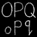 O, p, q handwritten white chalk letters isolated on black background