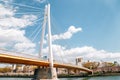 O river and Osaka Tenma Kawasaki Bridge at spring in Osaka, Japan