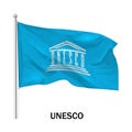 Flag of the UNESCO United Nations Educational, Scientific and Cultural Organization in the wind on flagpole