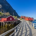 O Village, Moskenes, Red Norwegian Rorbu, fishing huts on Lofoten islands Royalty Free Stock Photo