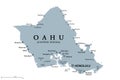 Oahu, Hawaii, United States, gray political map, capital Honolulu