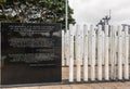 Name sticks and black wall at USS Oklahoma memorial in Pearl Harbor, Oahu, Hawaii, USA