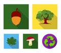 Oak, acorn, edible mushroom, maple leaf.Forest set collection icons in flat style vector symbol stock illustration web.
