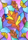 Oak autumn leaf. Stained glass sketch. Child `s drawing