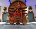 Oak barrel at the hall of wine estate and historic headquarters of French Champagne producer Vranken-Pommery in Reims