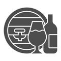 Oak barrel and wineglass and bottle solid icon. Wine making logo glyph style pictogram on white background. Winery farm Royalty Free Stock Photo