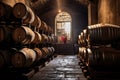 oak barrels aging wine in a rustic cellar