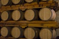 Oak barrels for wine aging in an underground cellar in Vale dos Vinhedos Royalty Free Stock Photo