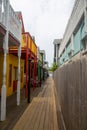 OAK BLUFFS, MARTHA`S VINEYARD, MA - JUNE 2019: Alley between colorful buildings downtown