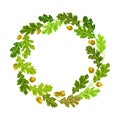 Oak Branches with Green Leaves and Acorns Arranged in Wreath Vector Illustration Royalty Free Stock Photo