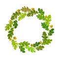 Oak Branches with Green Leaves and Acorns Arranged in Wreath Vector Illustration Royalty Free Stock Photo