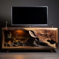 Abstract Surrealism Wooden Tv Stand With Natural Stone And Glass Royalty Free Stock Photo