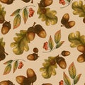 Oak Fall Leaves Seamless Pattern, Autumn Acorn Texture Royalty Free Stock Photo