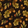 Oak Fall Leaves Seamless Pattern, Autumn Acorn Texture Royalty Free Stock Photo