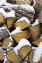 Oak firewood covered with snow, seasons,vertical Royalty Free Stock Photo