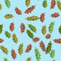Oak green and brown leaf seamless pattern sky background