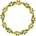 Oak leaf and acorn in color, liner, round frame 1 Royalty Free Stock Photo