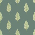 Oak leaf pale seamless pattern in simple hand drawn style. Green foliage on grey background Royalty Free Stock Photo