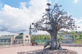 Oak of Life, forged and welded copper sculpture.Mountain Park named after Bazhov, Zlatoust, Russia.
