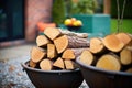 oak logs piled by a cast iron fire pit