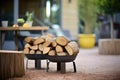 oak logs piled by a cast iron fire pit