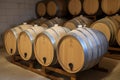 oak storage winery cellar wine vintage cask barrel alcohol drink. Generative AI.