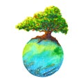 Oak tree on colorful earth floating white background watercolor painting landscape hand drawn illustration