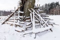 Oak tree and haystack wooden frames in snowy winter day, Latvia Royalty Free Stock Photo