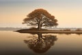 oak tree reflecting on calm lake surface Royalty Free Stock Photo
