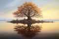 oak tree reflection on calm lake surface Royalty Free Stock Photo