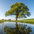 Oak Tree in Summer with Reflection on Water Royalty Free Stock Photo