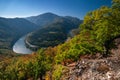 Oak trees in front of Domasinsky meander of river Vah during autumn viewed from Old Strecno castle Royalty Free Stock Photo