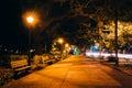 Oak trees and path at night in Forsyth Park, Savannah, Georgia. Royalty Free Stock Photo